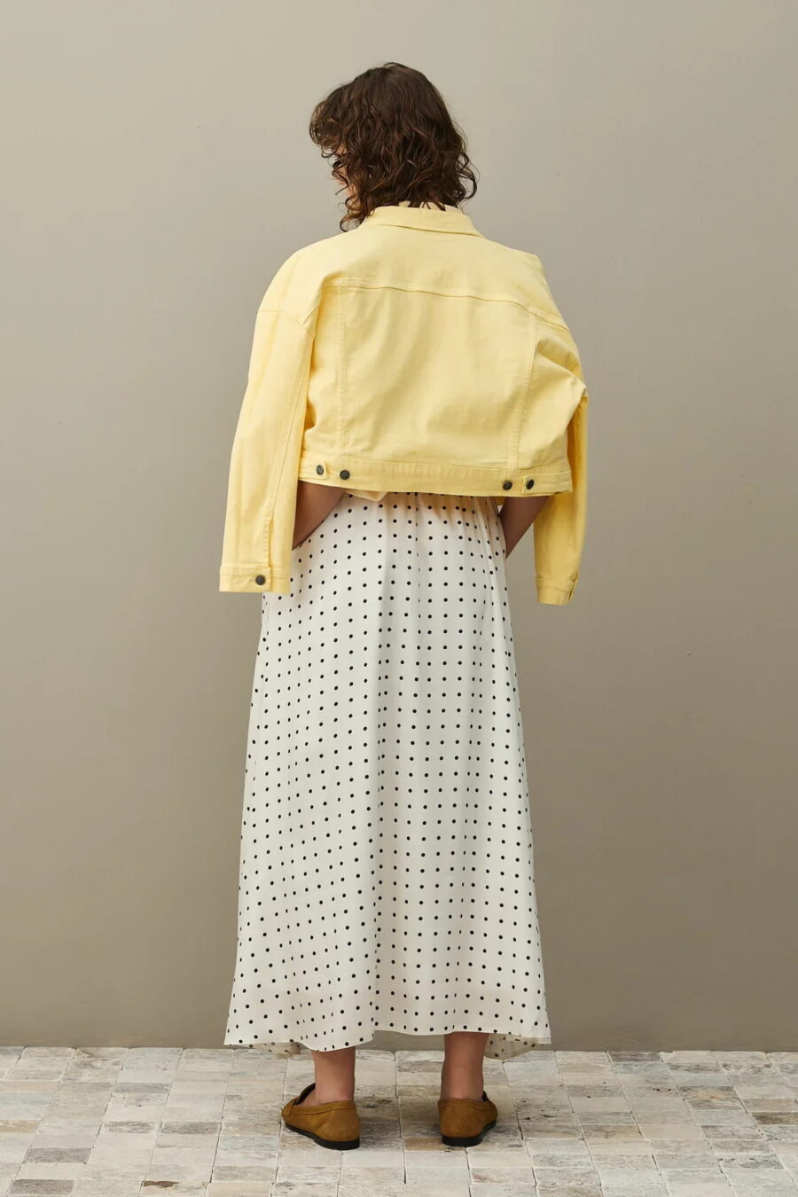 Ecru twill polka dot flared skirt