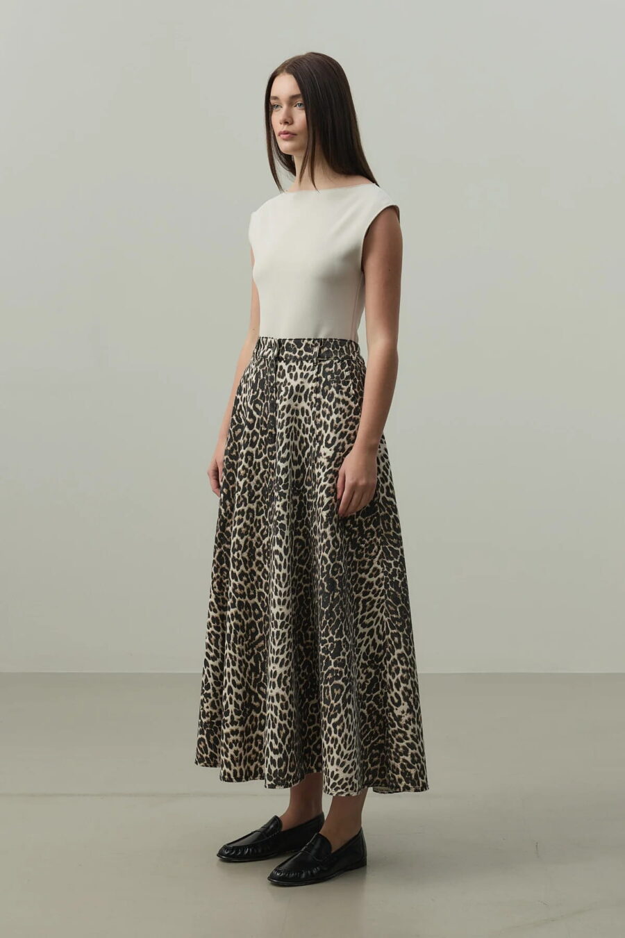 Leopard print high-waist flared jean skirt