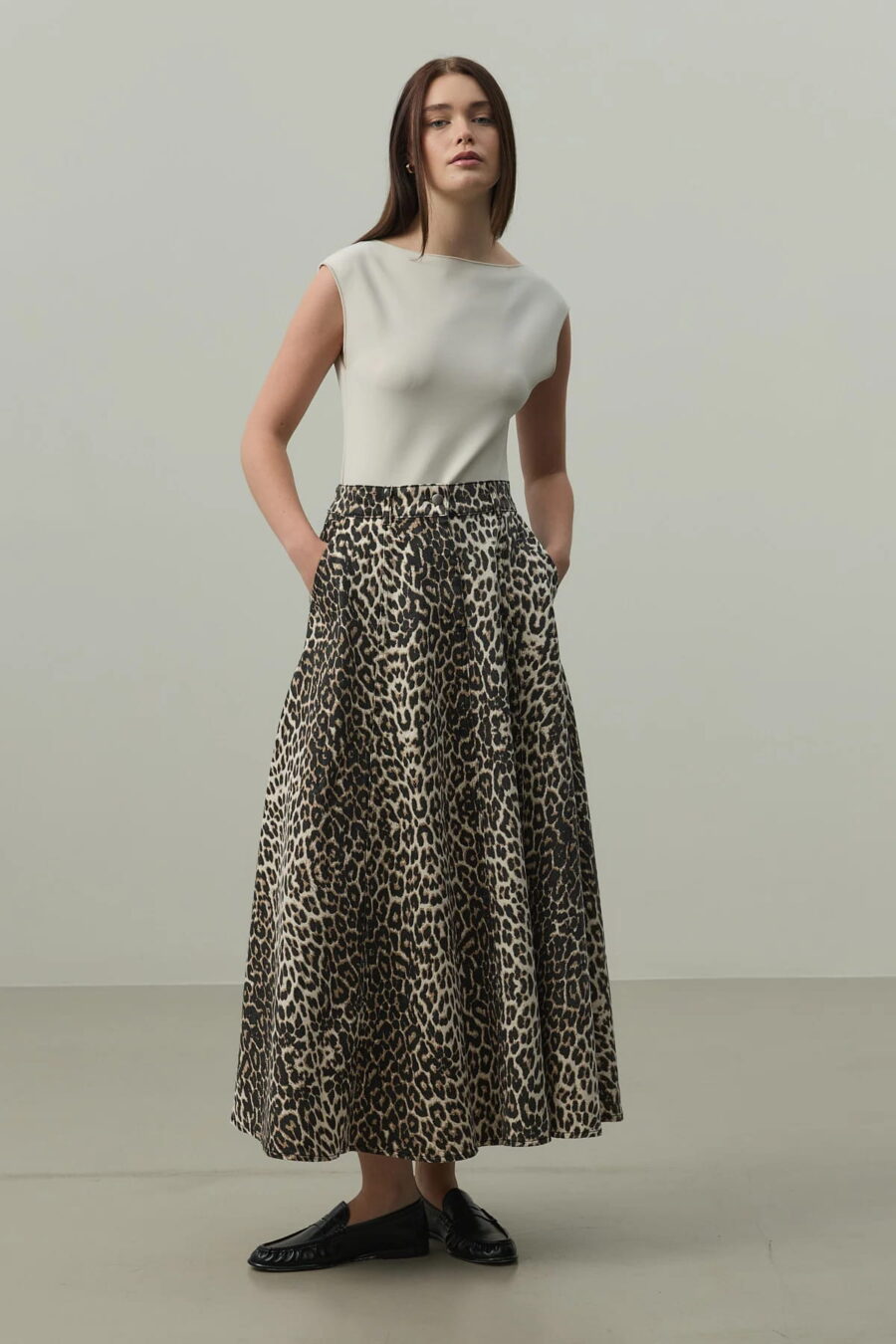 Leopard print high-waist flared jean skirt