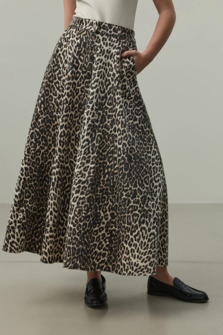 Leopard print high-waist flared jean skirt