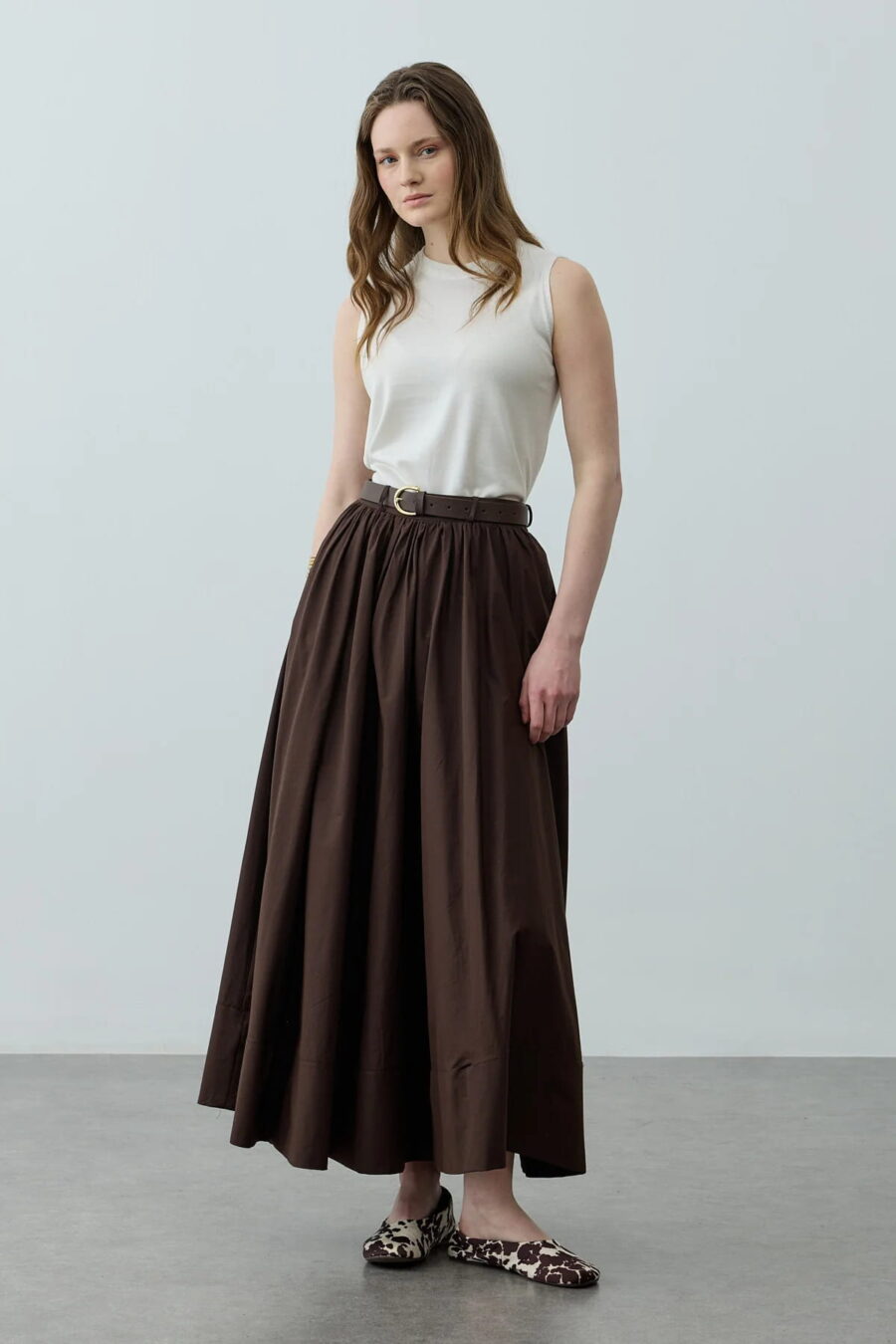 Brown gathered detail maxi skirt