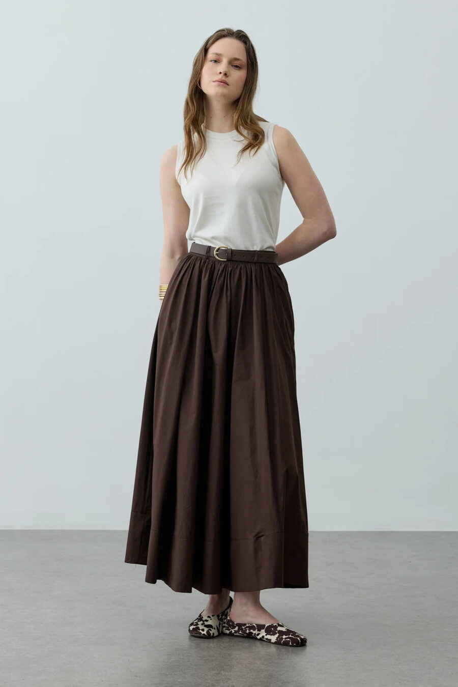 Brown gathered detail maxi skirt