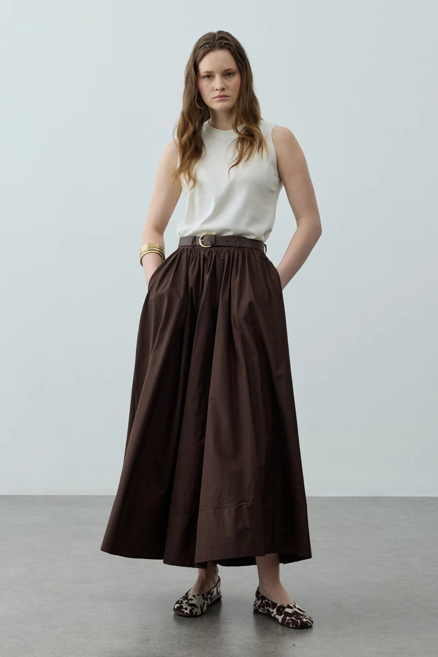 Brown gathered detail maxi skirt