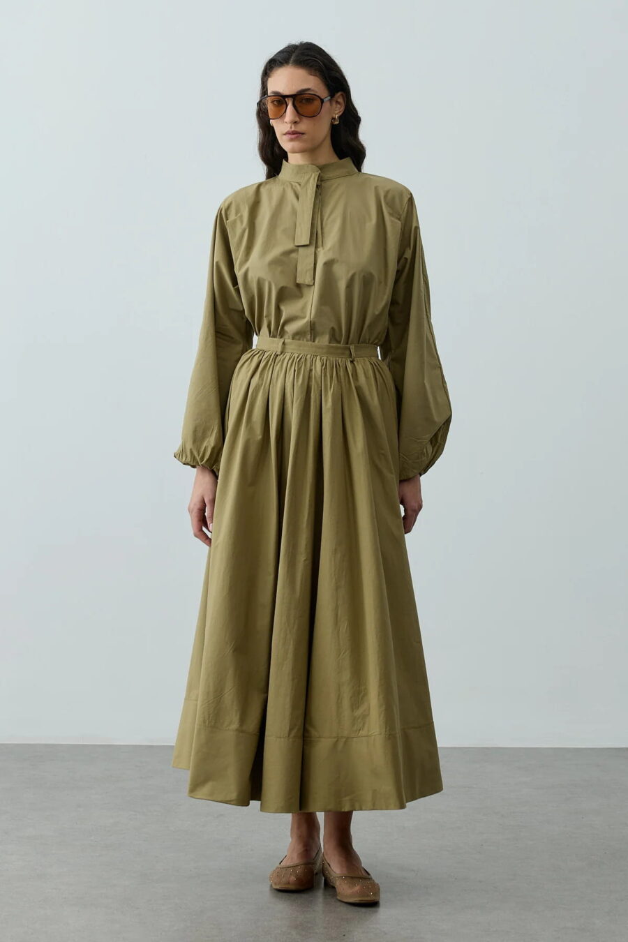 Green gathered detail maxi skirt