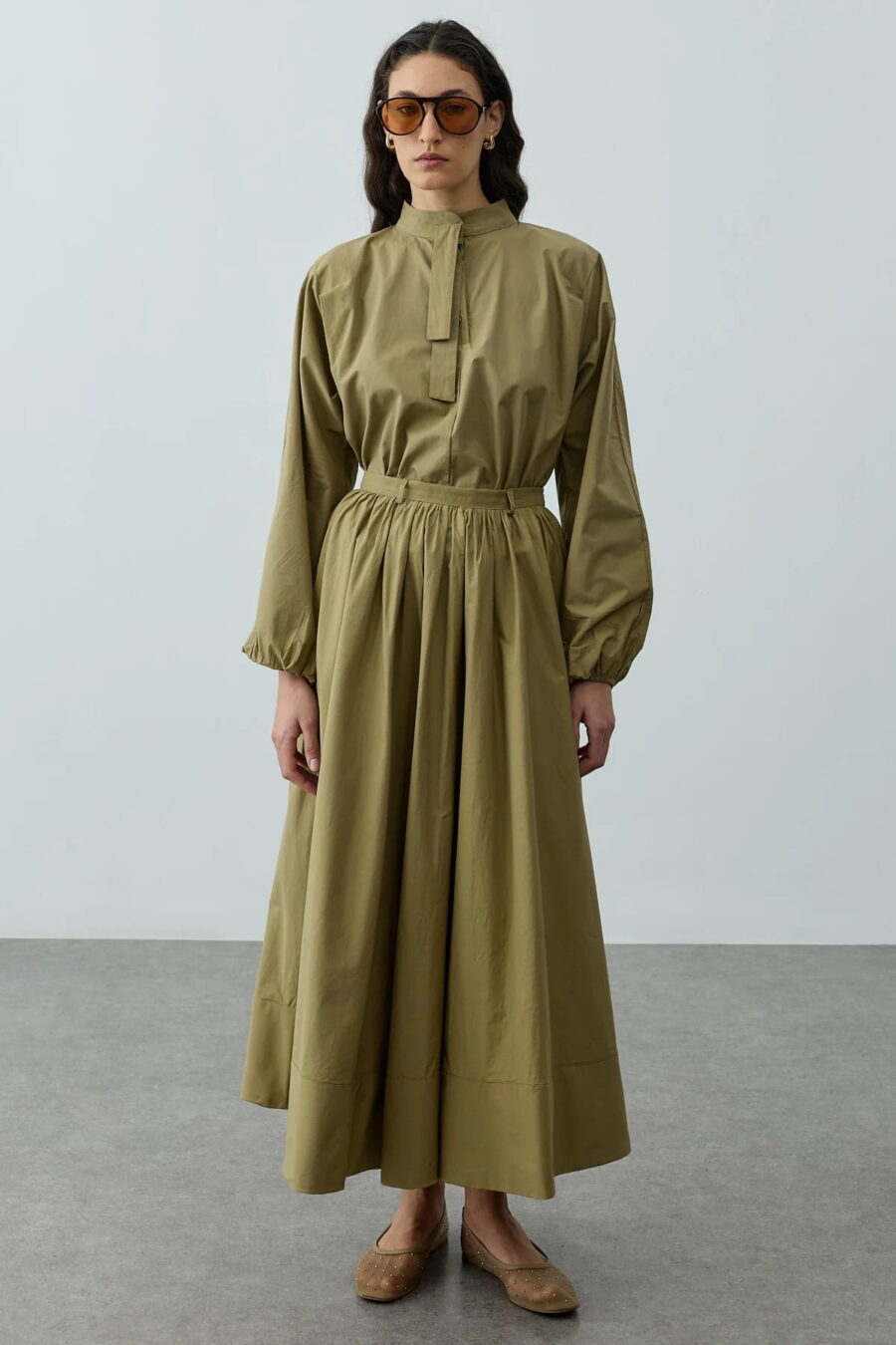 Green gathered detail maxi skirt