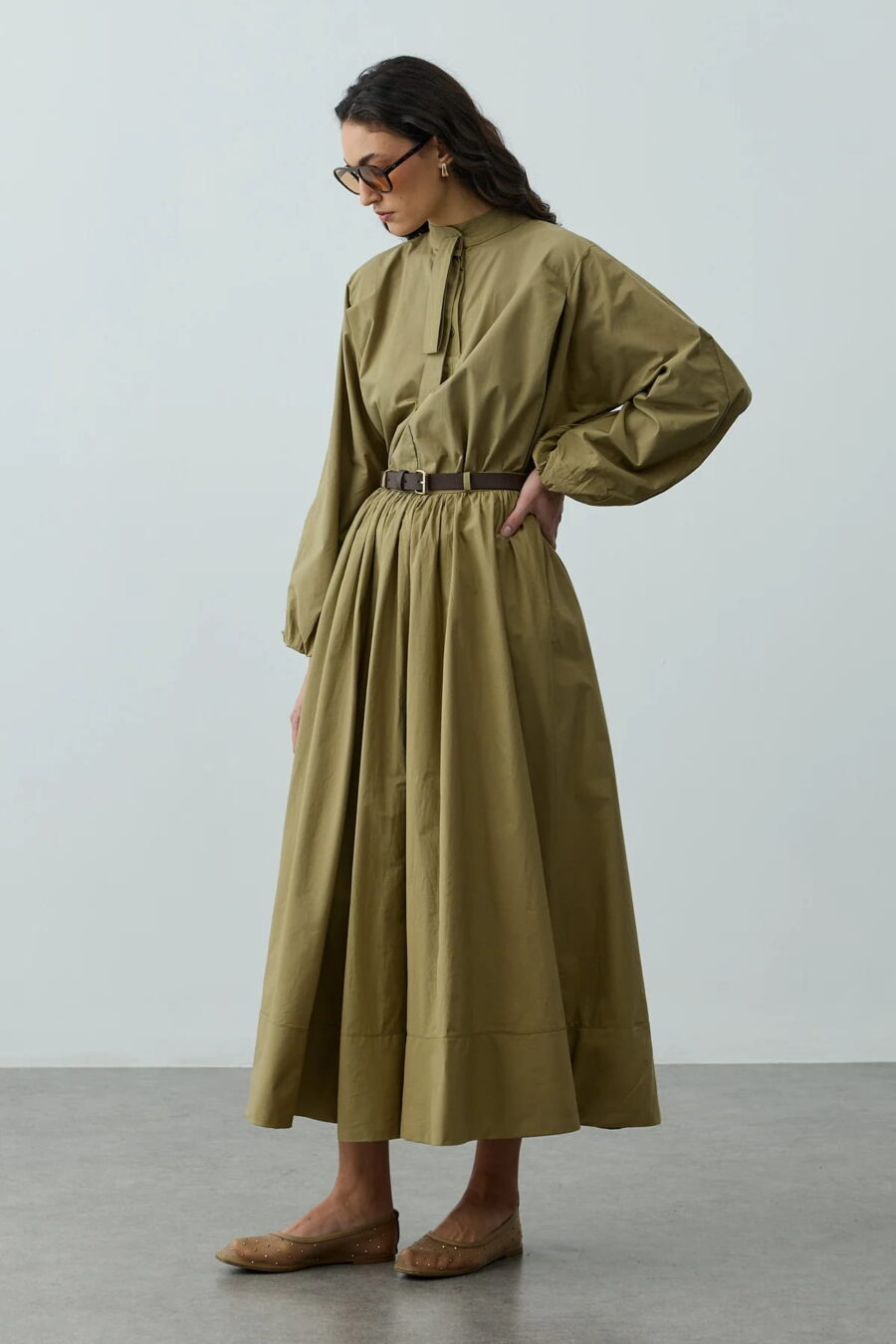 Green gathered detail maxi skirt