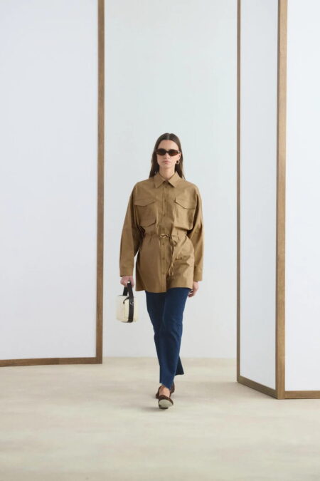 Camel pocketed piped belted oversize shirt