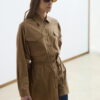 Camel pocketed piped belted oversize shirt