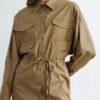 Camel pocketed piped belted oversize shirt