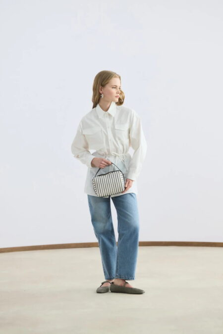 Ecru pocketed piped belted oversize shirt