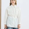 Ecru pocketed piped belted oversize shirt