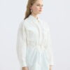 Ecru pocketed piped belted oversize shirt