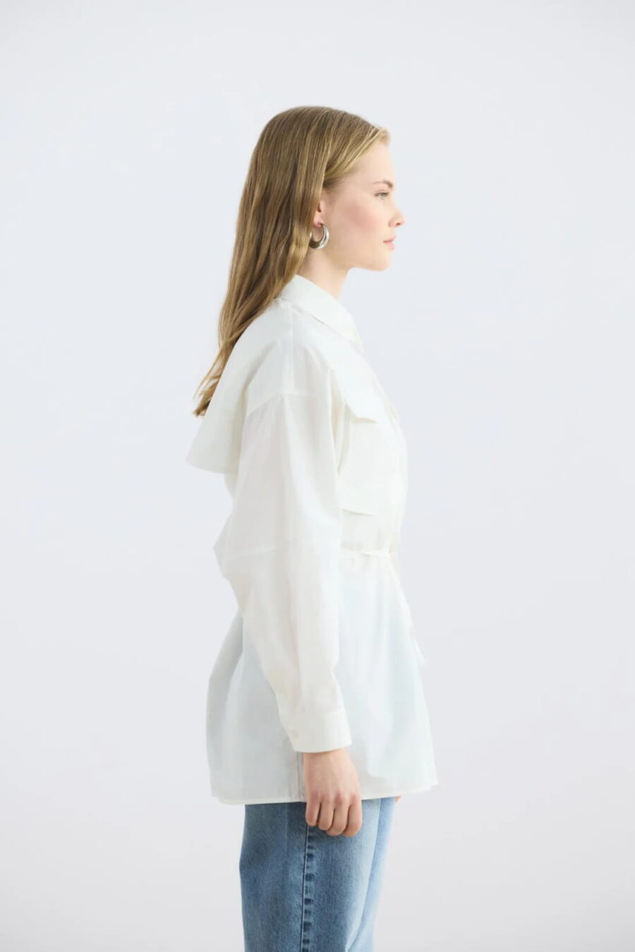 Ecru pocketed piped belted oversize shirt