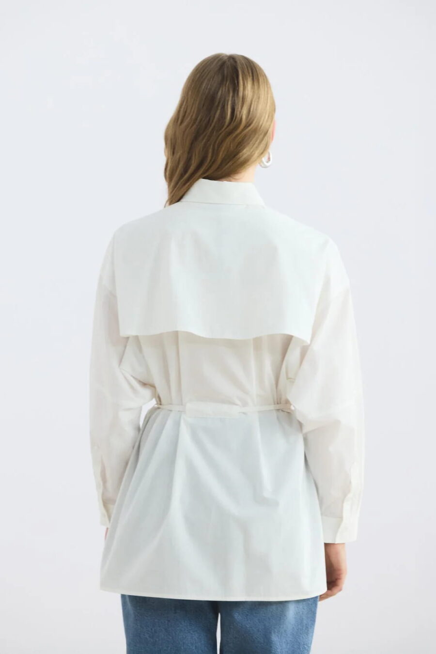 Ecru pocketed piped belted oversize shirt