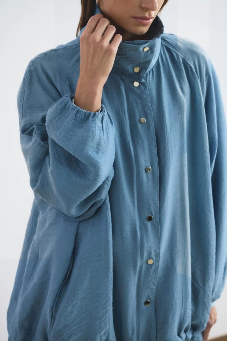 Blue high collar gathered bomber jacket