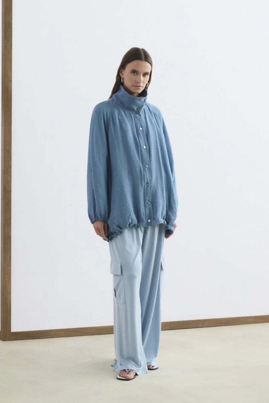 Blue high collar gathered bomber jacket