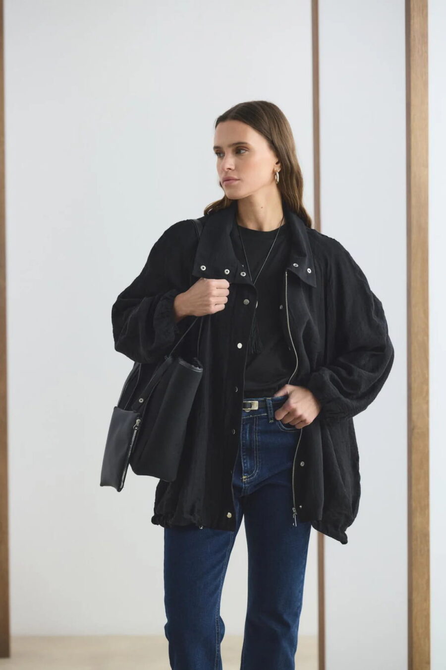 Black high collar gathered bomber jacket