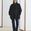 Black high collar gathered bomber jacket