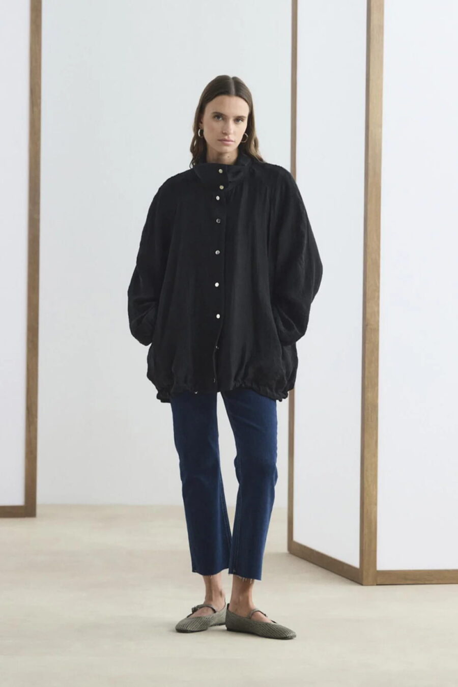 Black high collar gathered bomber jacket