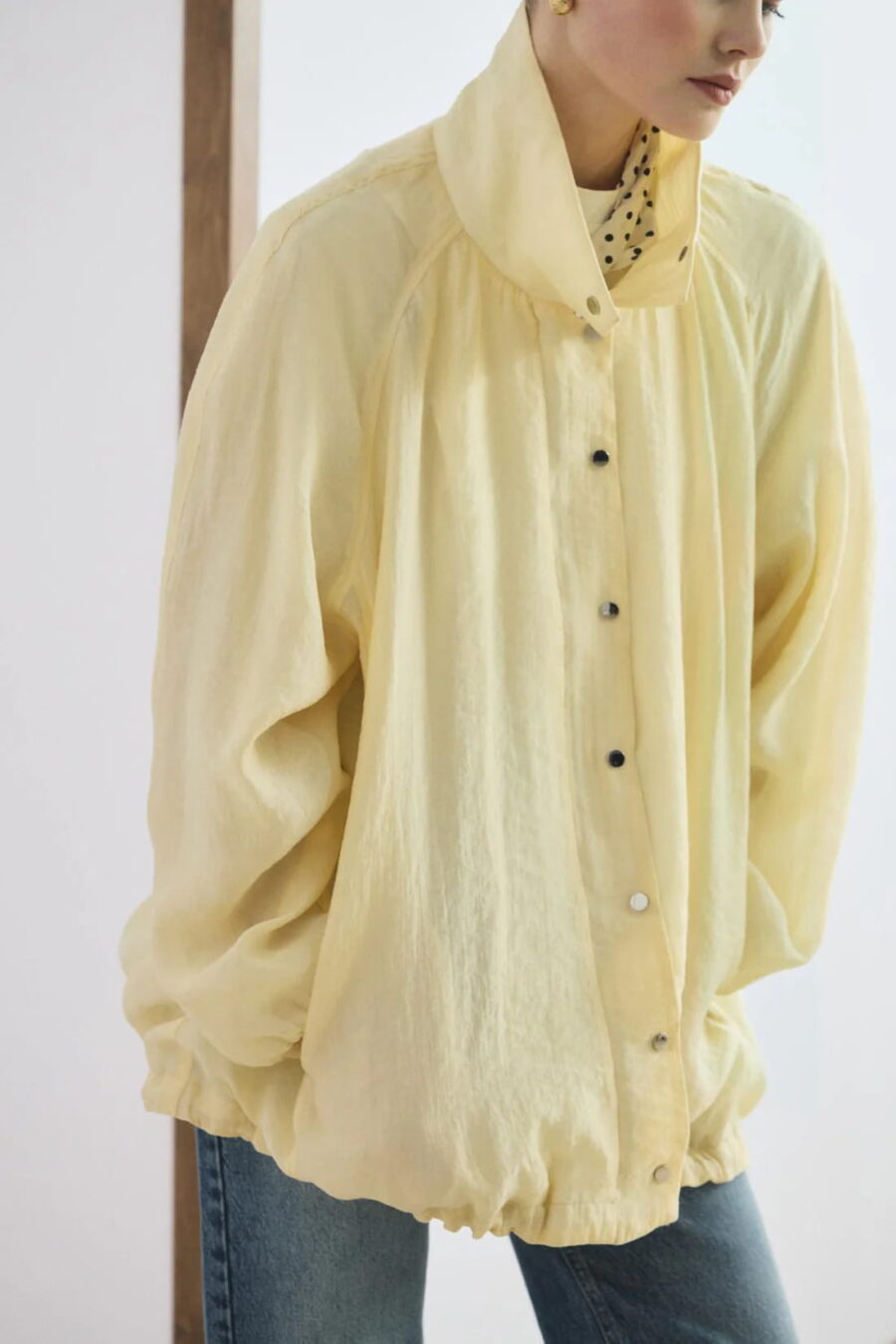 Butter yellow high collar gathered bomber jacket