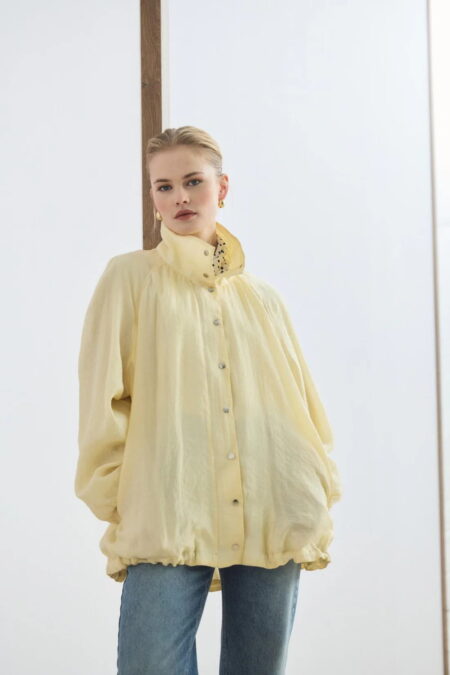 Butter yellow high collar gathered bomber jacket