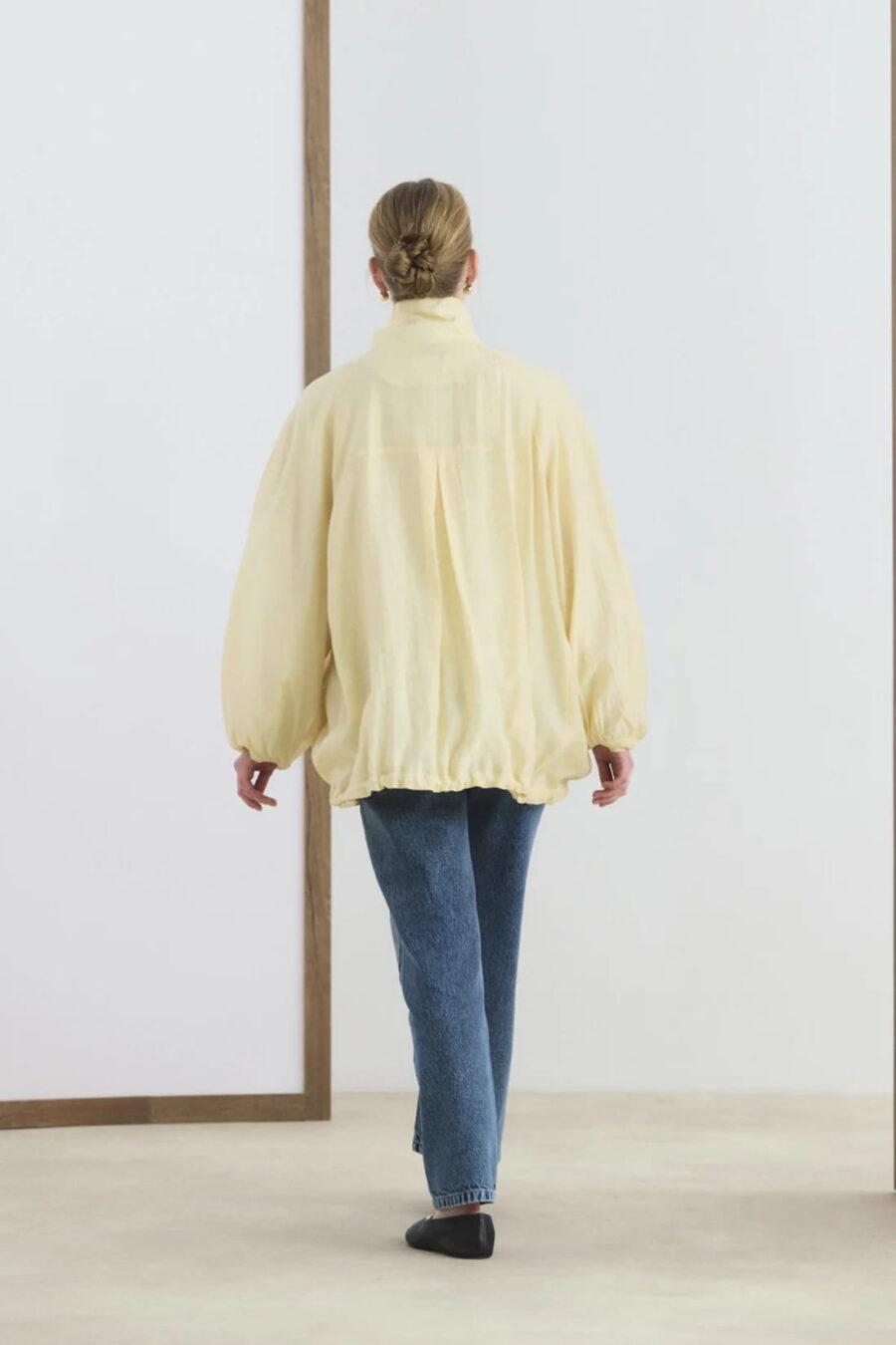 Butter yellow high collar gathered bomber jacket