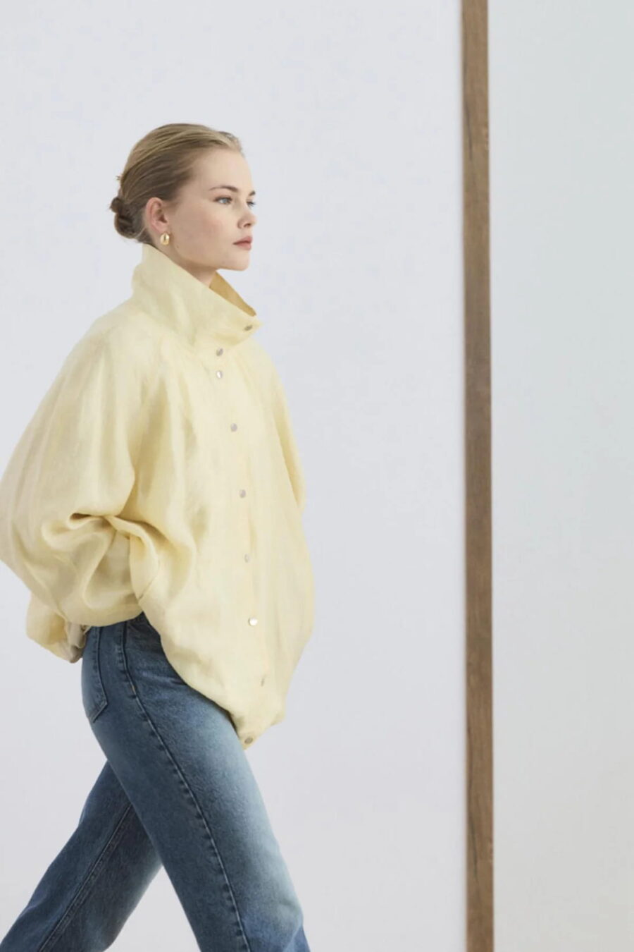 Butter yellow high collar gathered bomber jacket