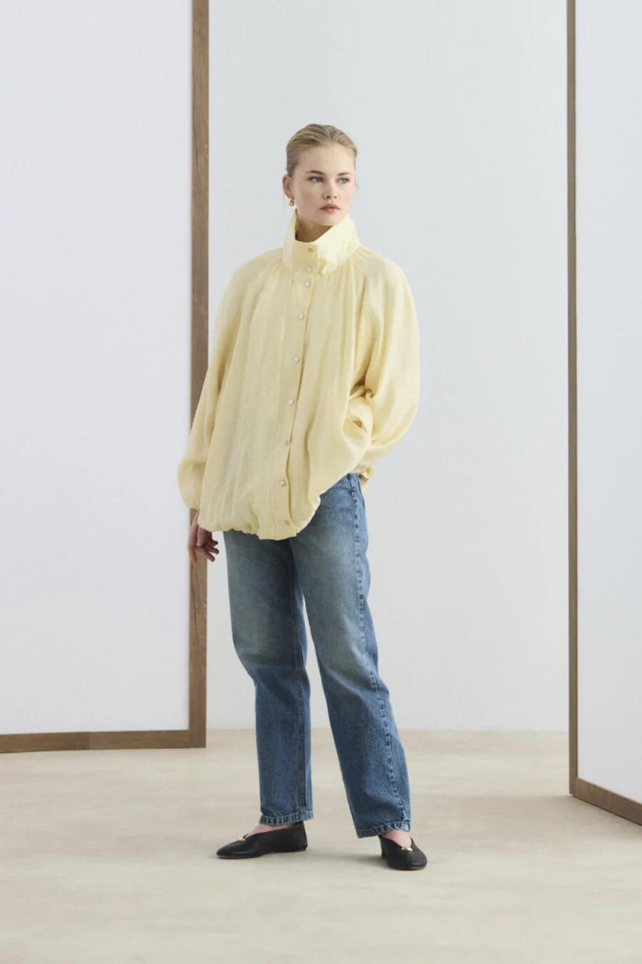 Butter yellow high collar gathered bomber jacket