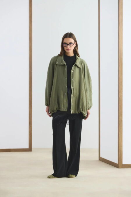 Olive high collar gathered bomber jacket