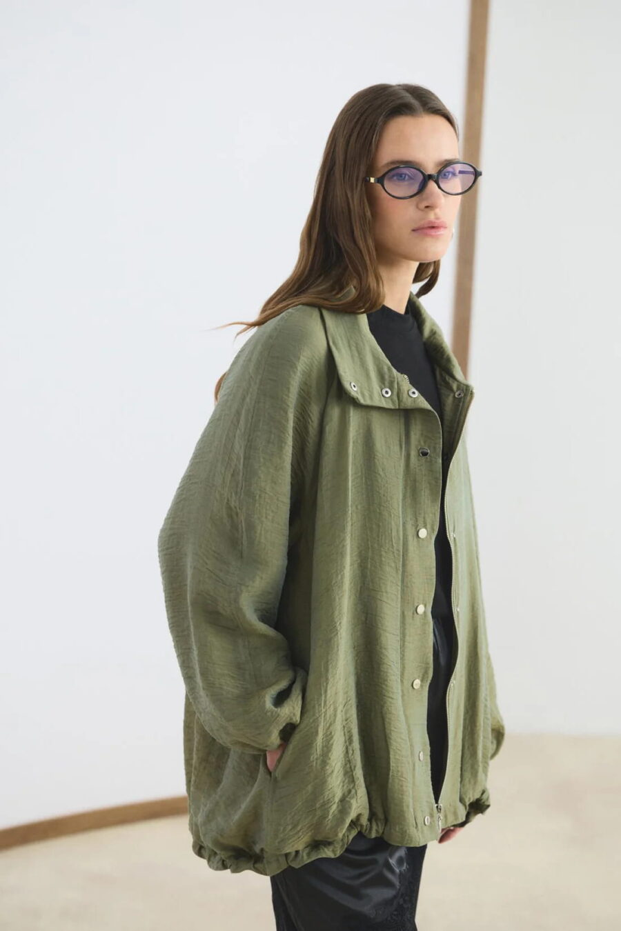 Olive high collar gathered bomber jacket