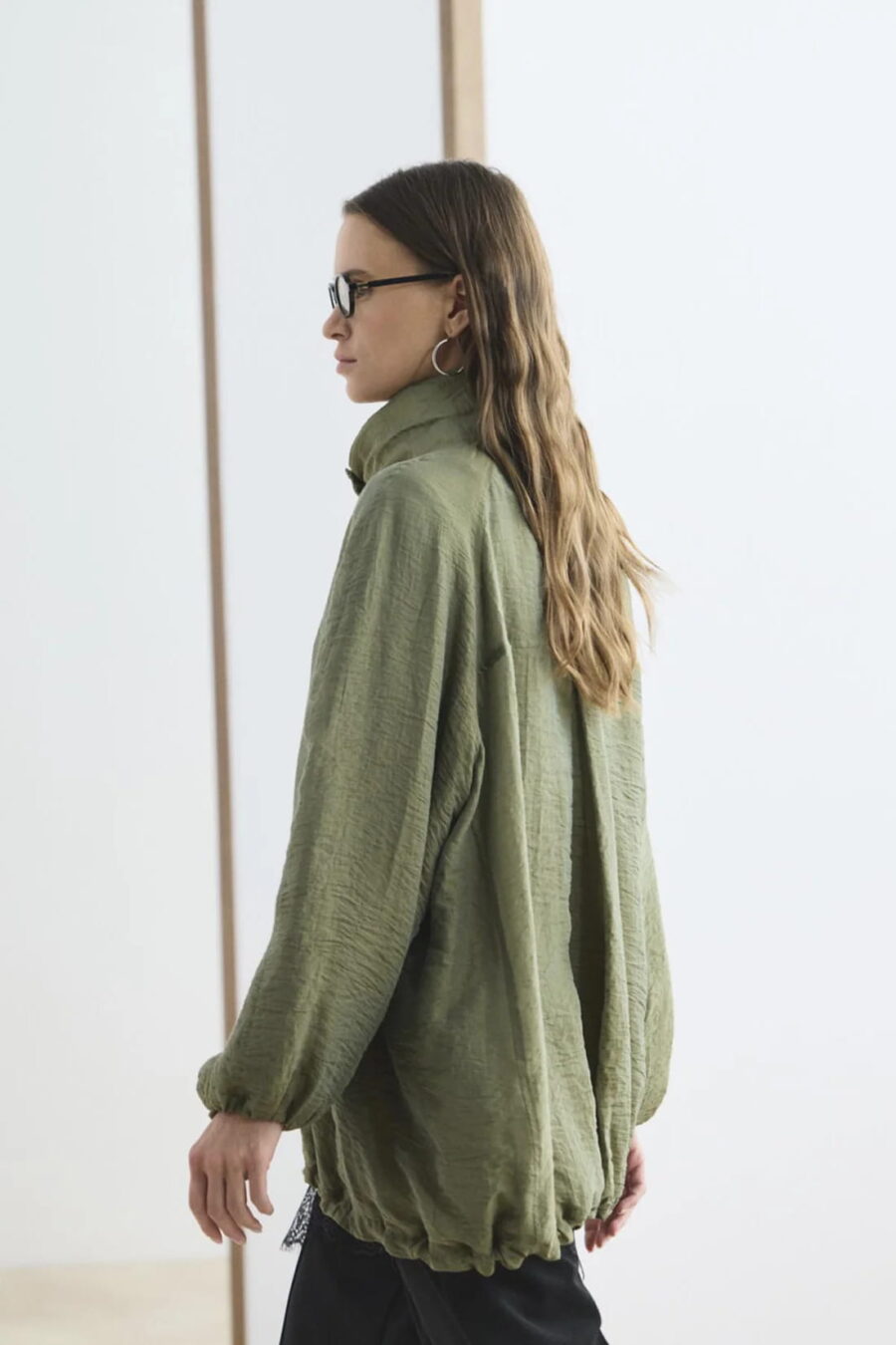 Olive high collar gathered bomber jacket