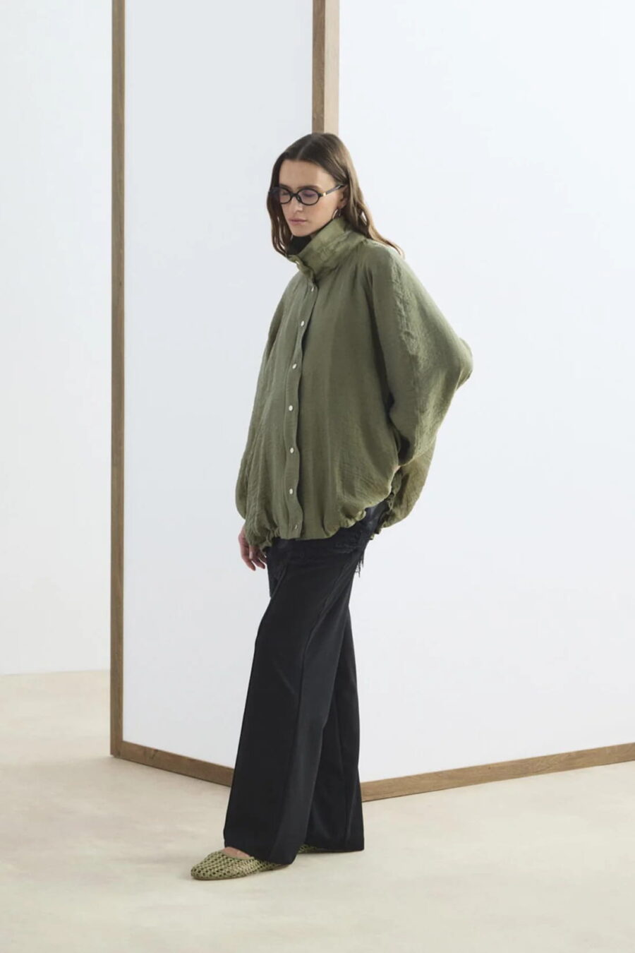 Olive high collar gathered bomber jacket