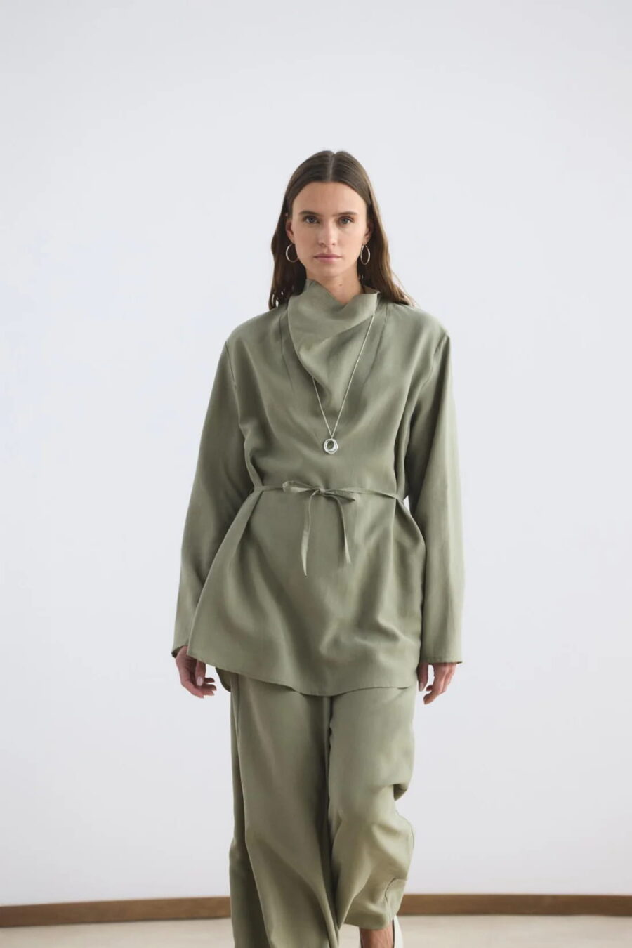 Sage draped collar tencel suit