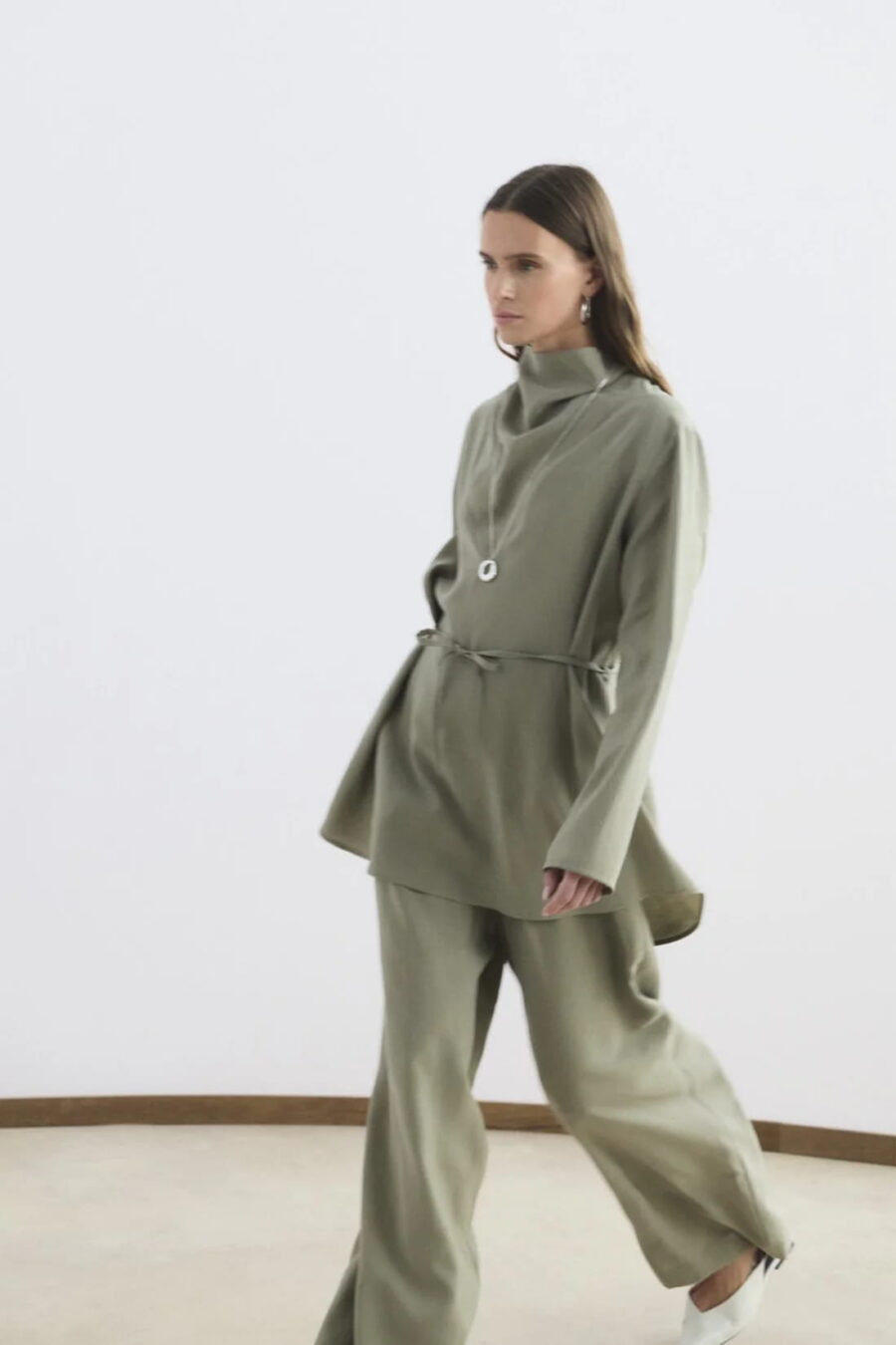 Sage draped collar tencel suit
