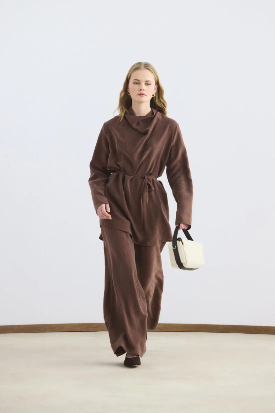 Bitter brown draped collar tencel suit