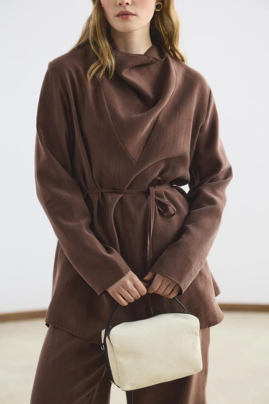 Bitter brown draped collar tencel suit