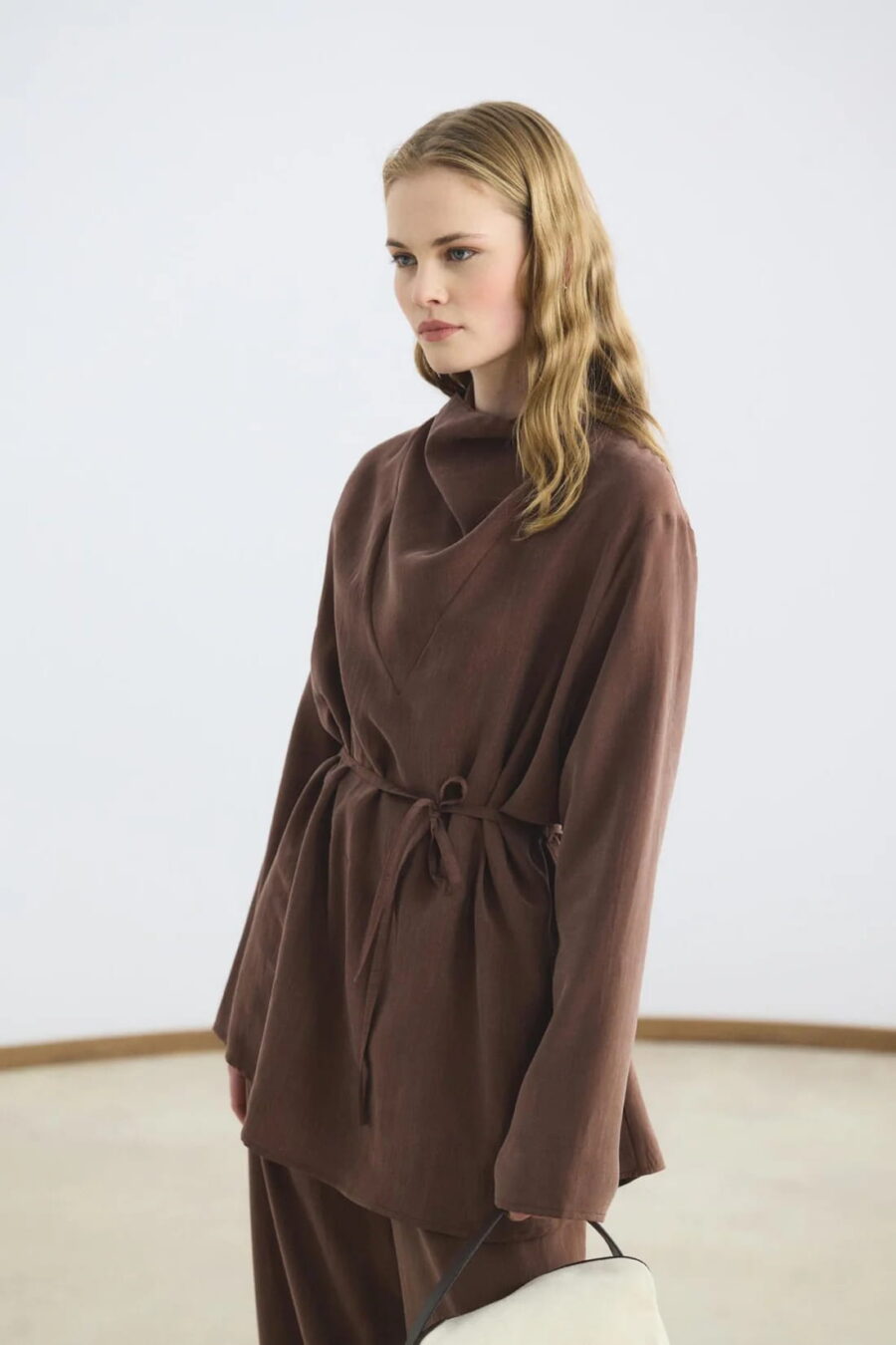 Bitter brown draped collar tencel suit