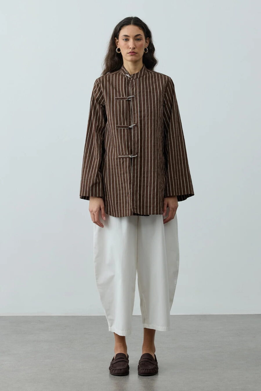 Brown metal detail striped shirt