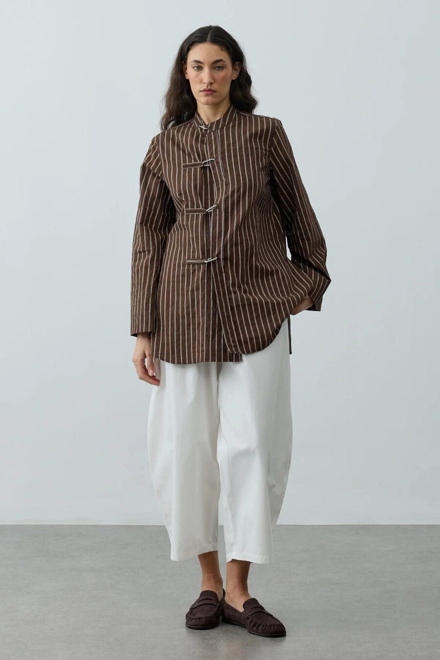 Brown metal detail striped shirt