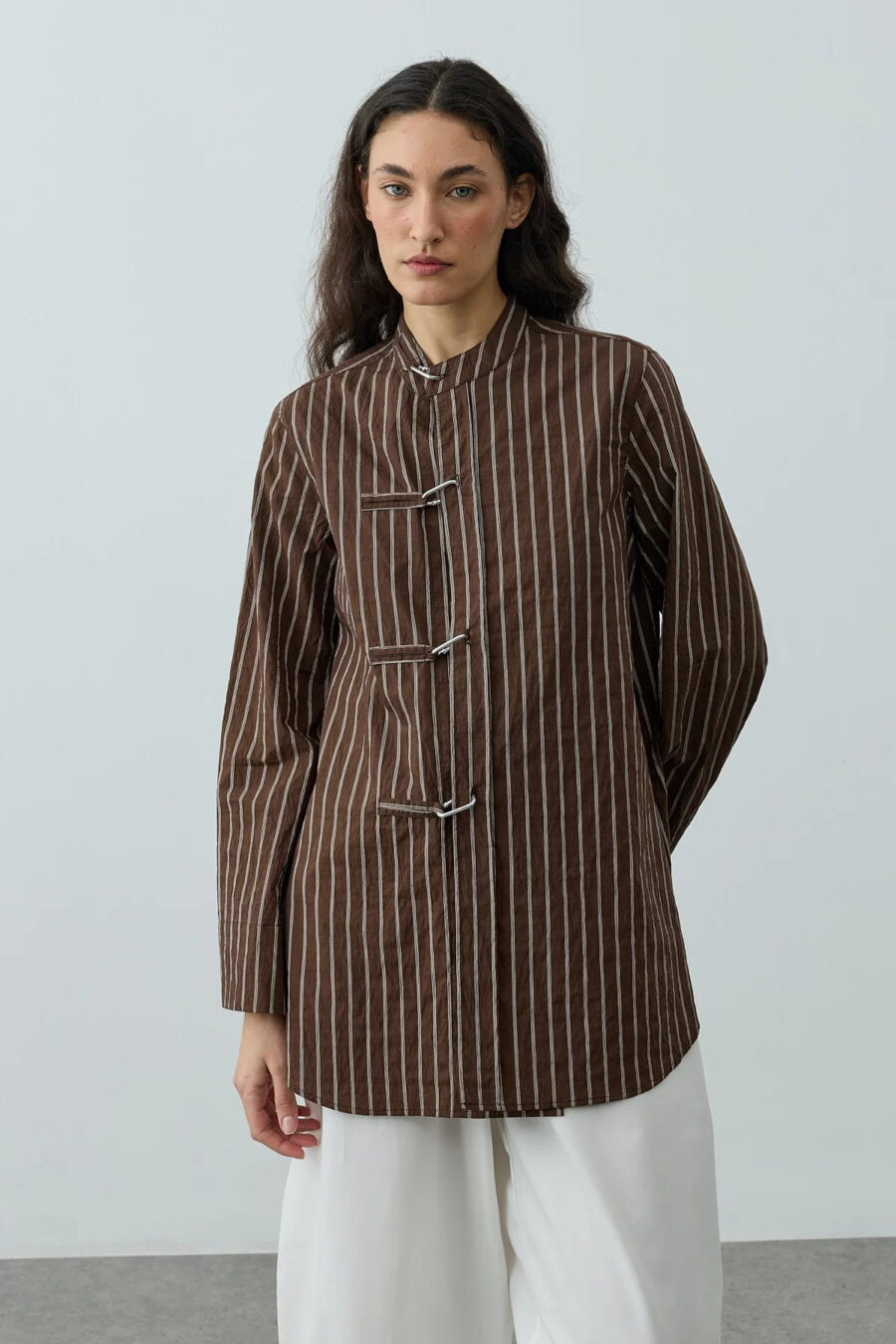 Brown metal detail striped shirt