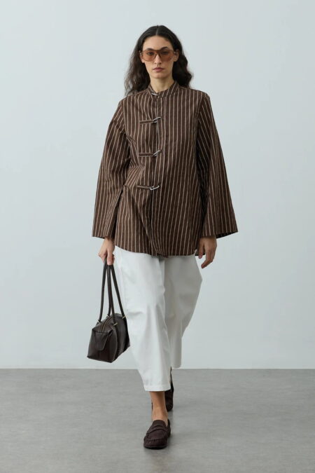 Brown metal detail striped shirt