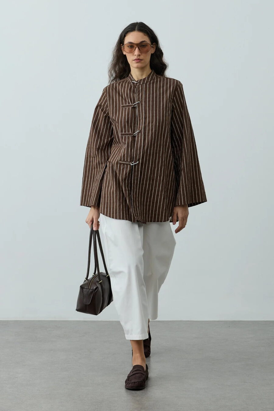 Brown metal detail striped shirt