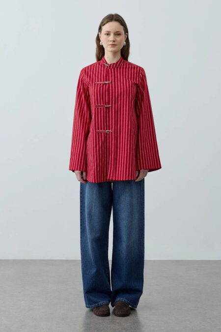 Red metal detail striped shirt