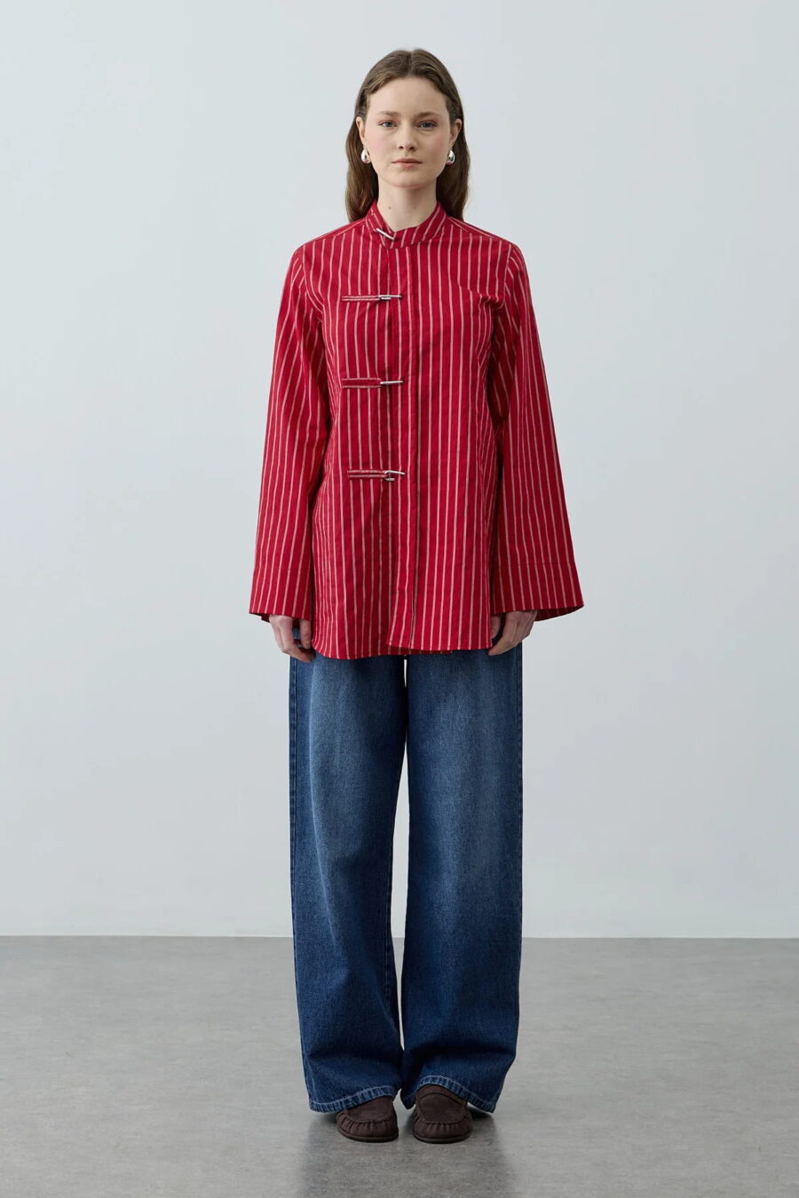 Red metal detail striped shirt