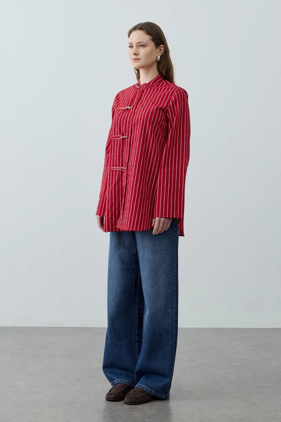 Red metal detail striped shirt