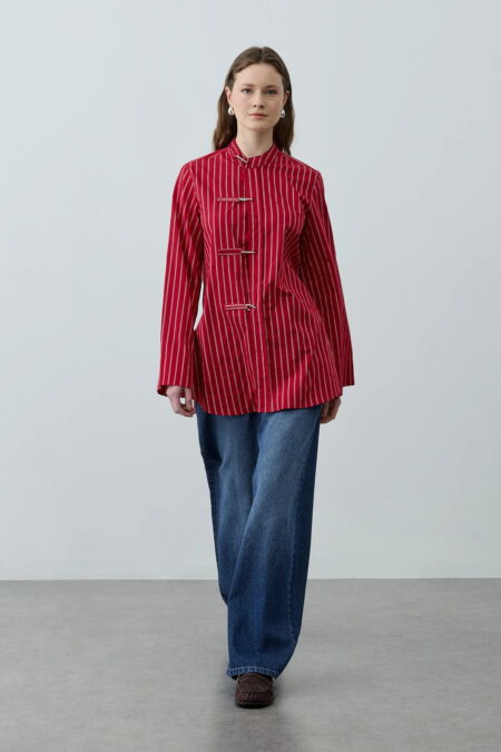 Red metal detail striped shirt