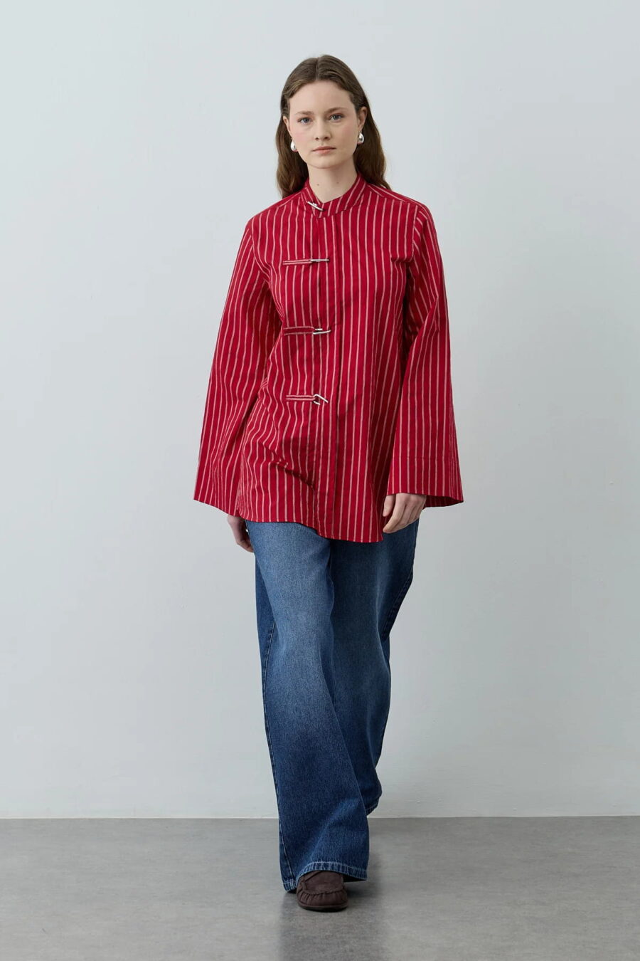 Red metal detail striped shirt