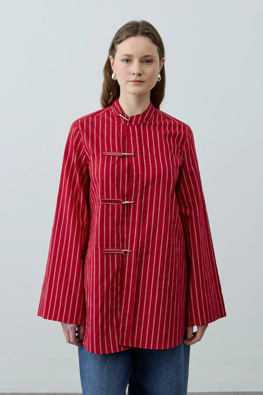 Red metal detail striped shirt