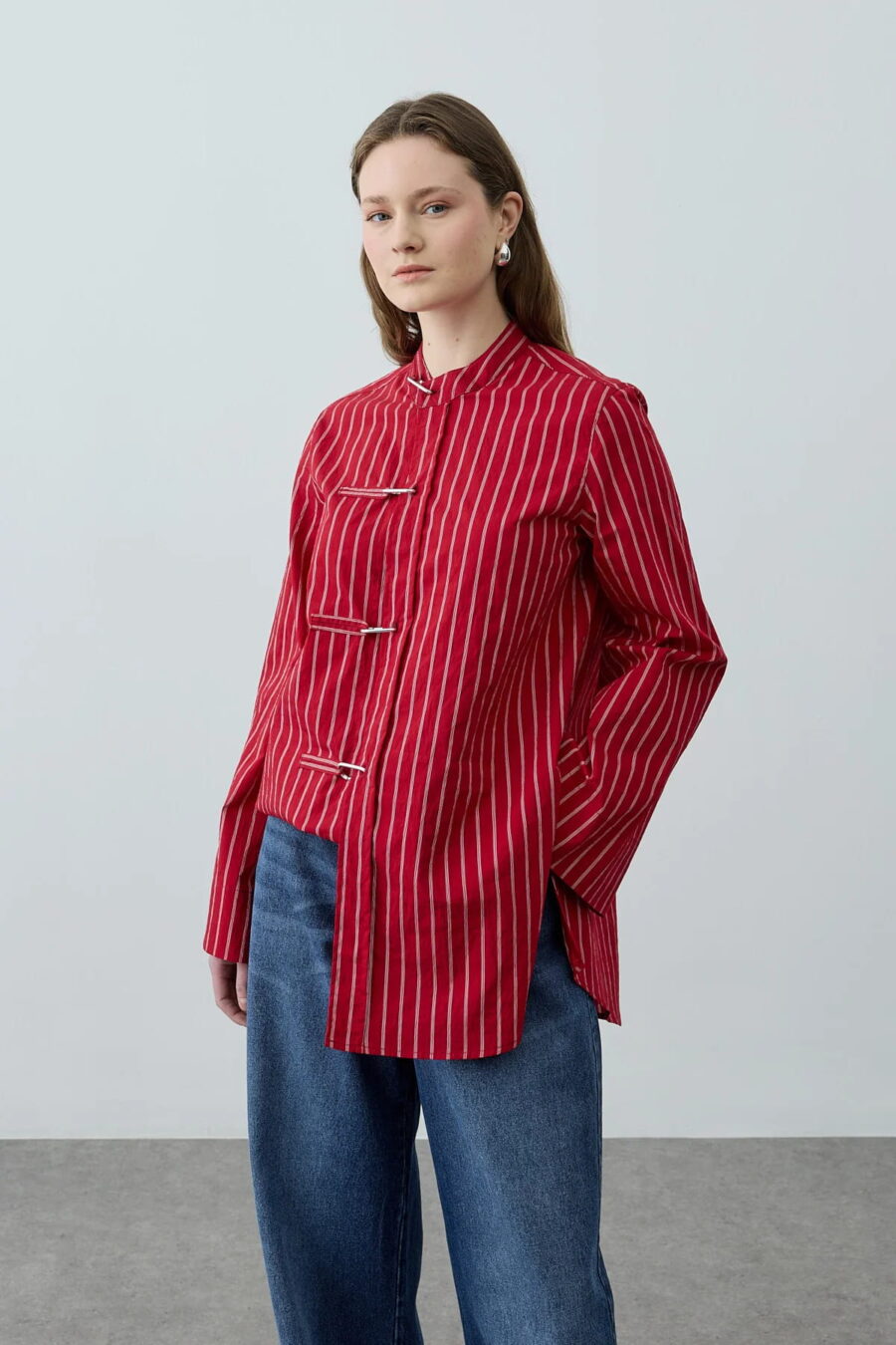 Red metal detail striped shirt