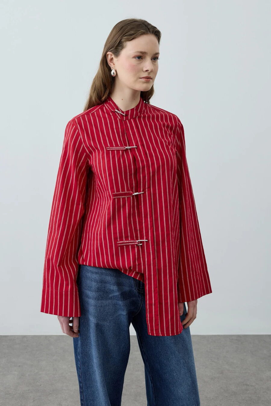 Red metal detail striped shirt